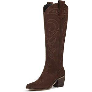 Women Suede Brown Knee High Cowgirl Boots Chunky Heel Zipper Comfort Convenience